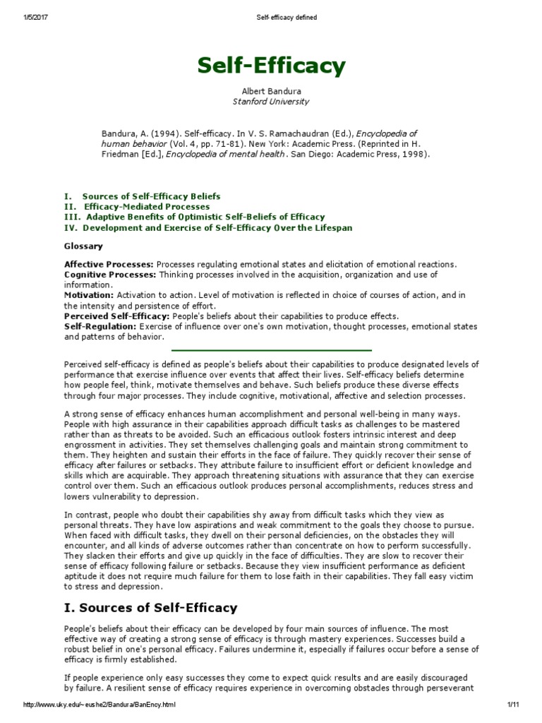 I. Sources of Self Efficacy | PDF | Coping (Psychology) | Motivation