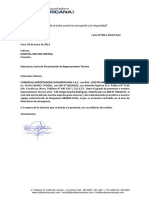 Carta de presentación de representante técnico para mantenimiento de equipo automatizado de bioquímica en hospital militar