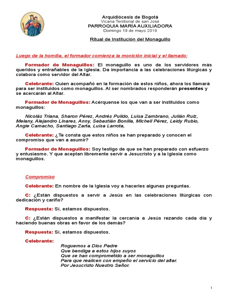 Consagracion De Monaguillos Pdf Eucaristía Jesús