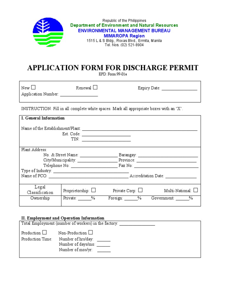 Application for an Industrial Wastewater Discharge Permit from the