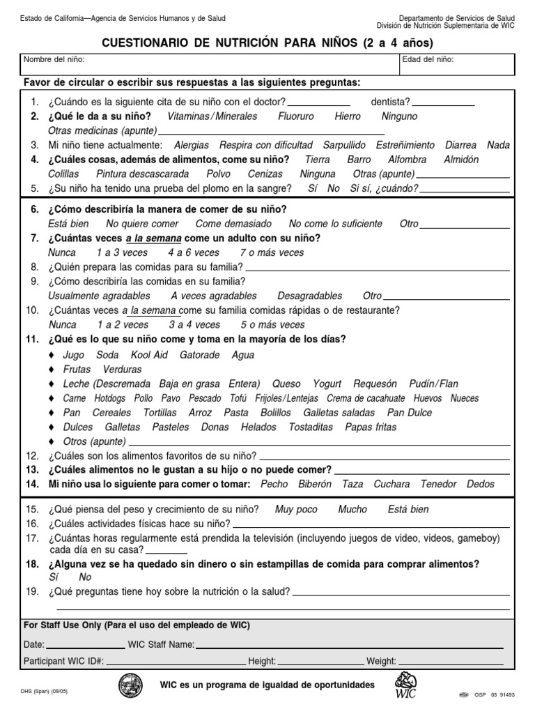 Cuestionario de Nutricion Para Niños de 2-4 Años | Nutrición | Dieta y