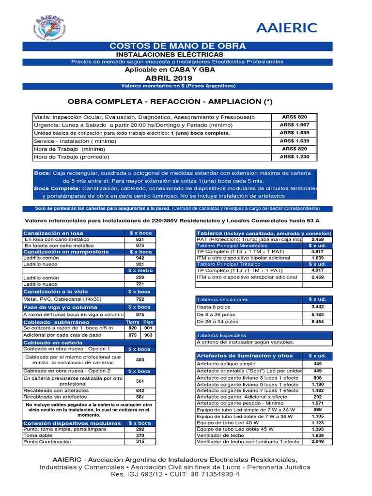 Aaieric Costos De Mano De Obra Abril 2019 Componentes Ingenieria Electrica