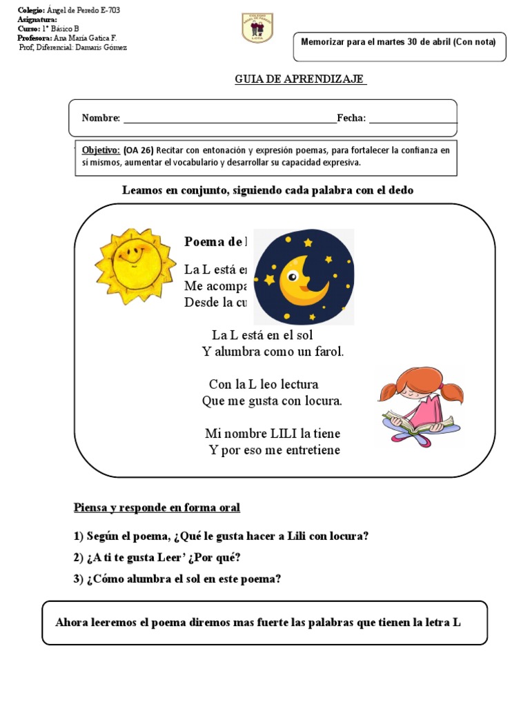 Poema de la letra L para niños | PDF | Artes del Lenguaje y ...
