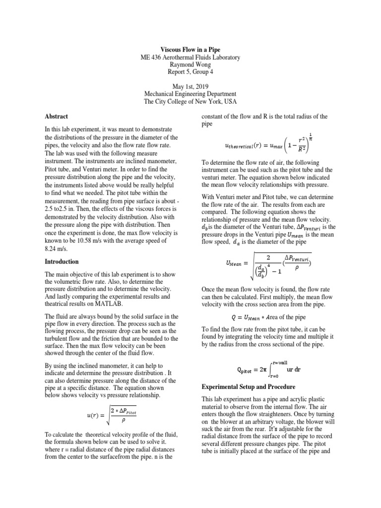 Viscous Flow in A Pipe 2019 | PDF | Fluid Dynamics | Flow Measurement