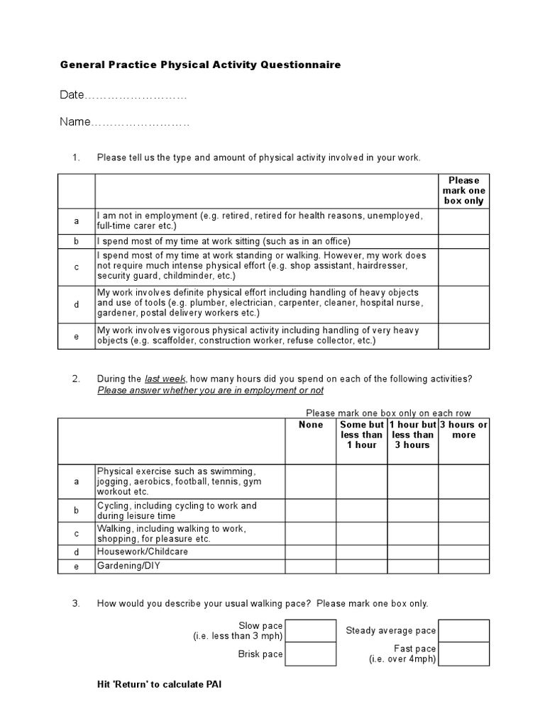 Date Name .. General Practice Physical Activity Questionnaire PDF