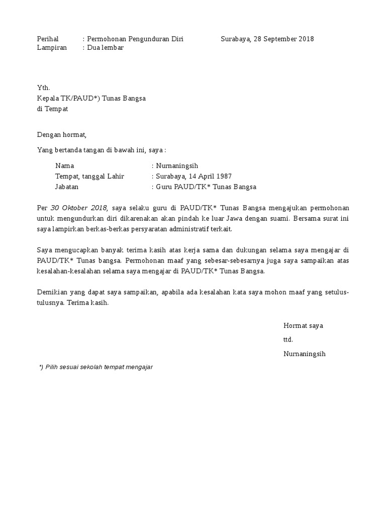 Surat Pengunduran Diri Guru Paud TK A4 | PDF