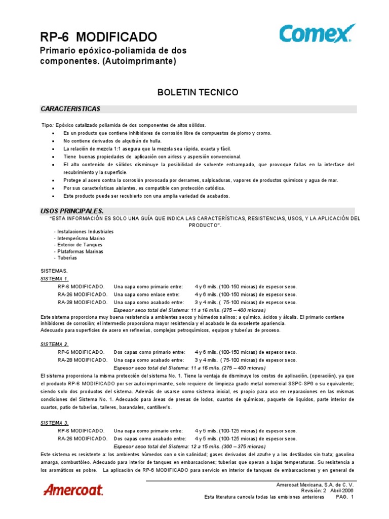 Primario Epóxico RP-6 Modificado: Ficha Técnica | PDF | Temperatura ...
