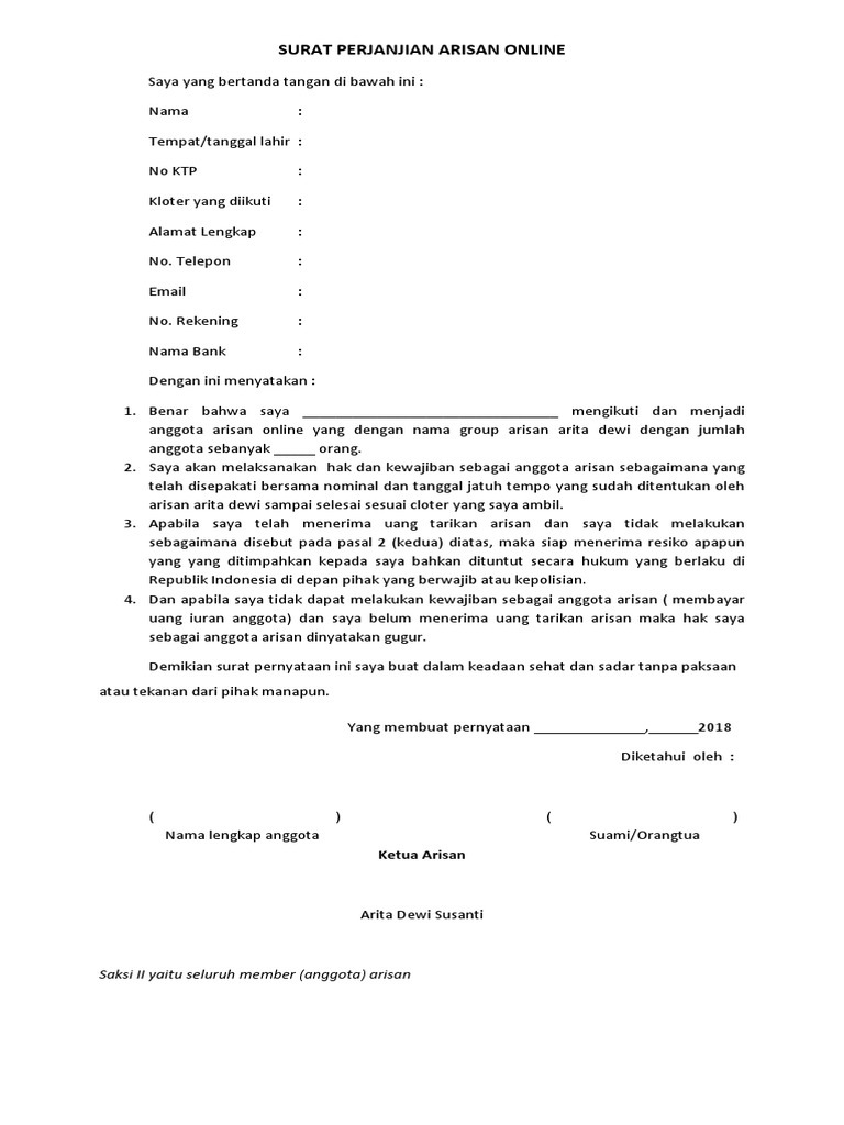 Surat Perjanjian Arisan Online