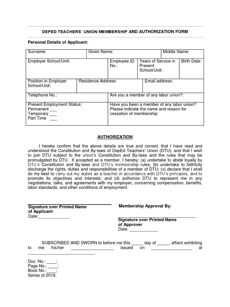 Deped teachers union membership and authorization form personal