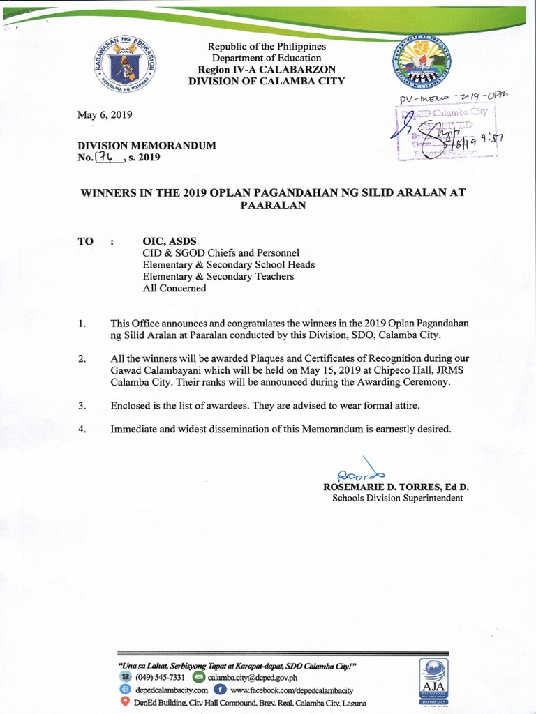 Div - Memo.no.176, s.2019 - Revised | PDF | Philippines