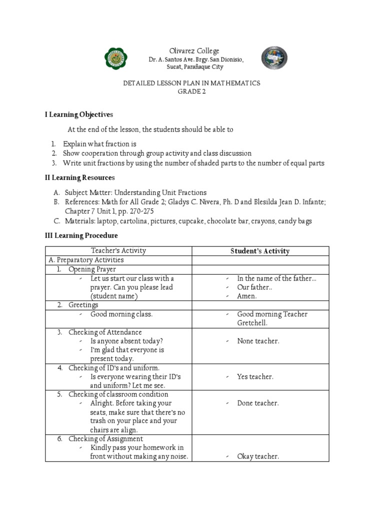 Grade 2 Detailed Fraction Lesson Plan | PDF | Fraction (Mathematics ...