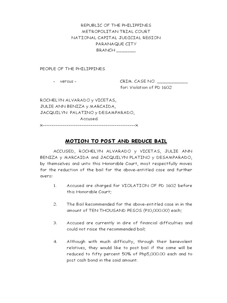 Motion To Post Bail Affidavit Bail