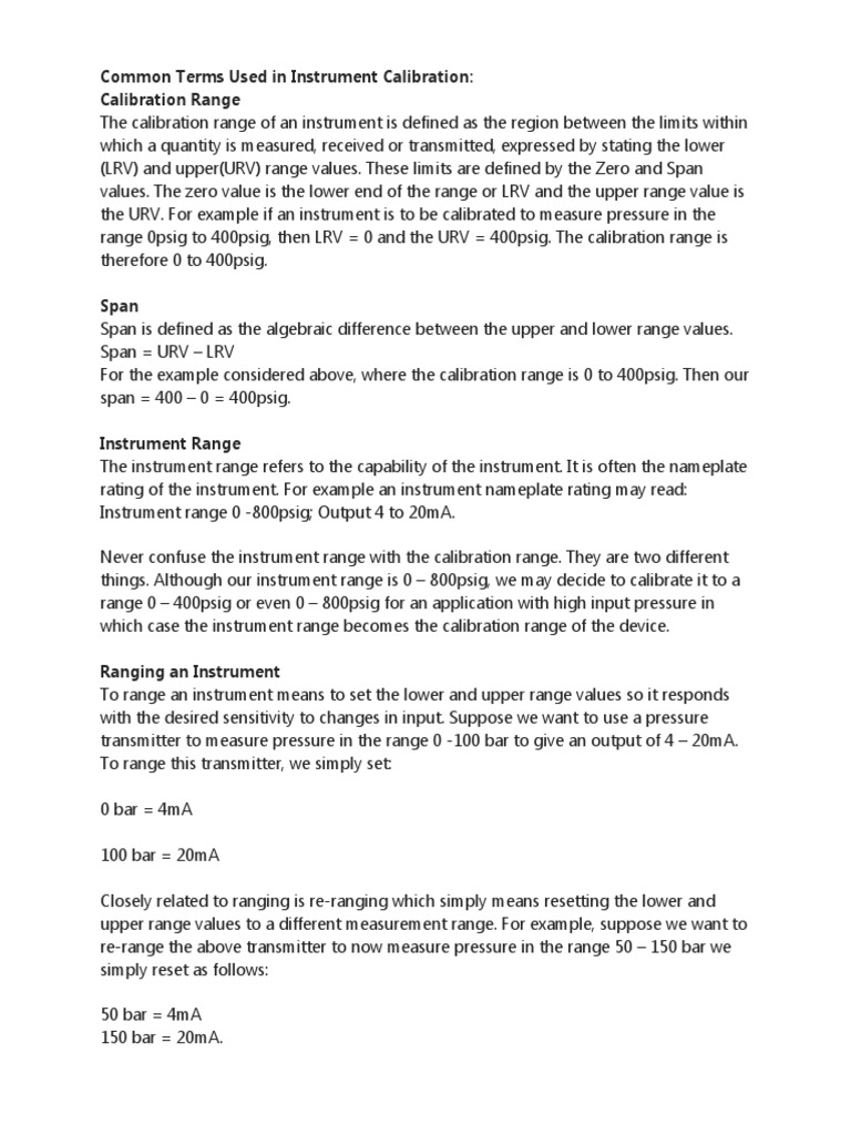 Common Terms Used in Instrument Calibration Calibration Range PDF