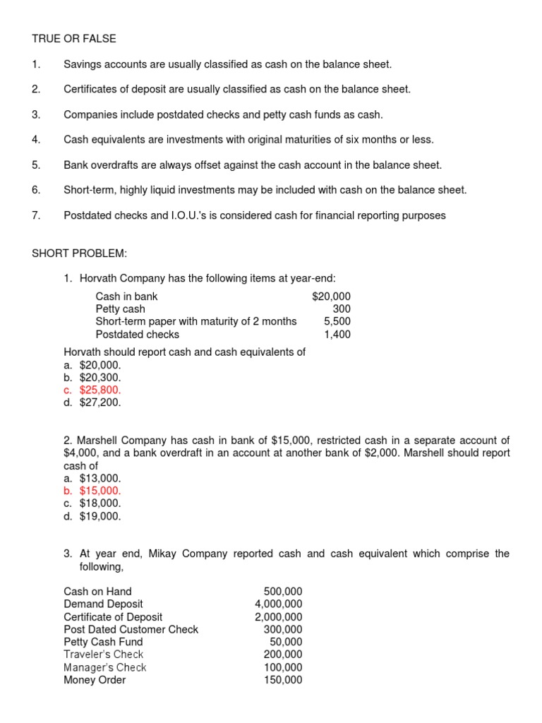 Cash and Cash Equivalent Quiz PDF Deposit Account Overdraft