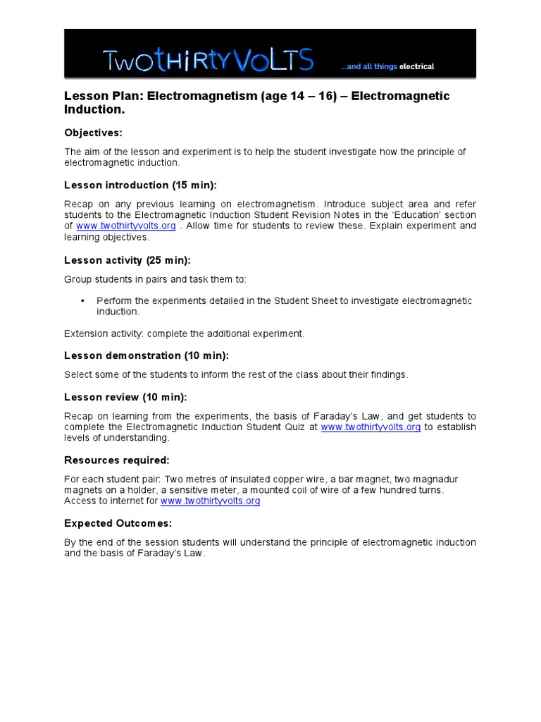 Electromagnetic Induction Lesson Plan | PDF | Electromagnetic Induction ...