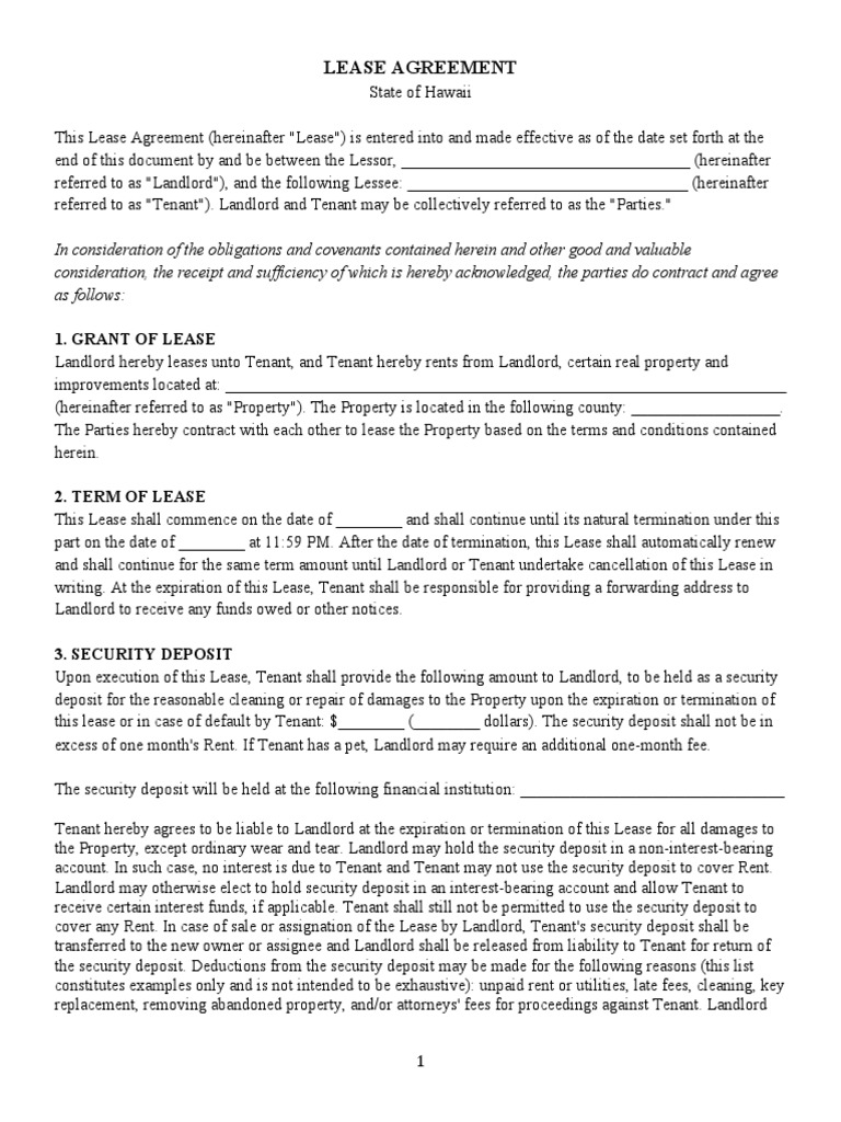 Hawaii Residential Lease Agreement PDF Lease Leasehold Estate