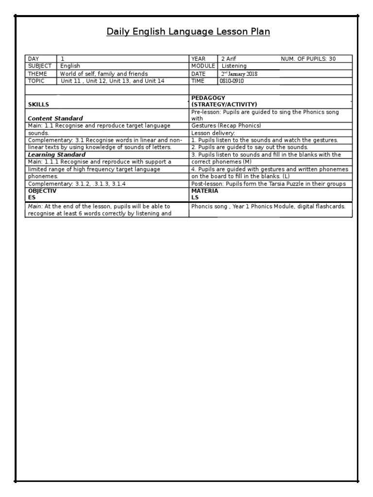Daily English Language Lesson Plan: Skills Pedagogy (Strategy/Activity ...