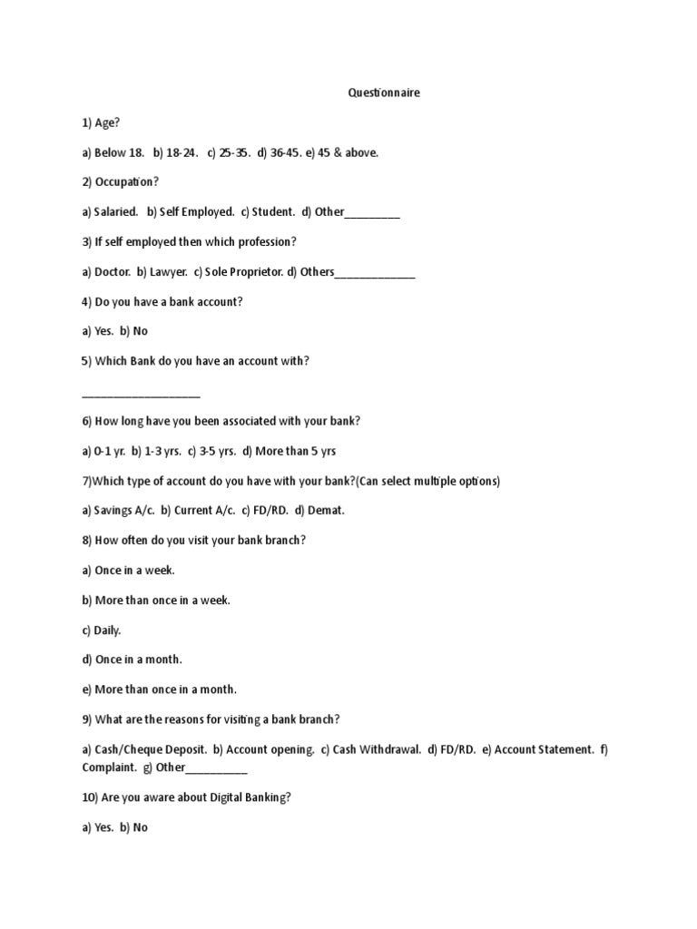 Questionnaire On Digital Banking PDF
