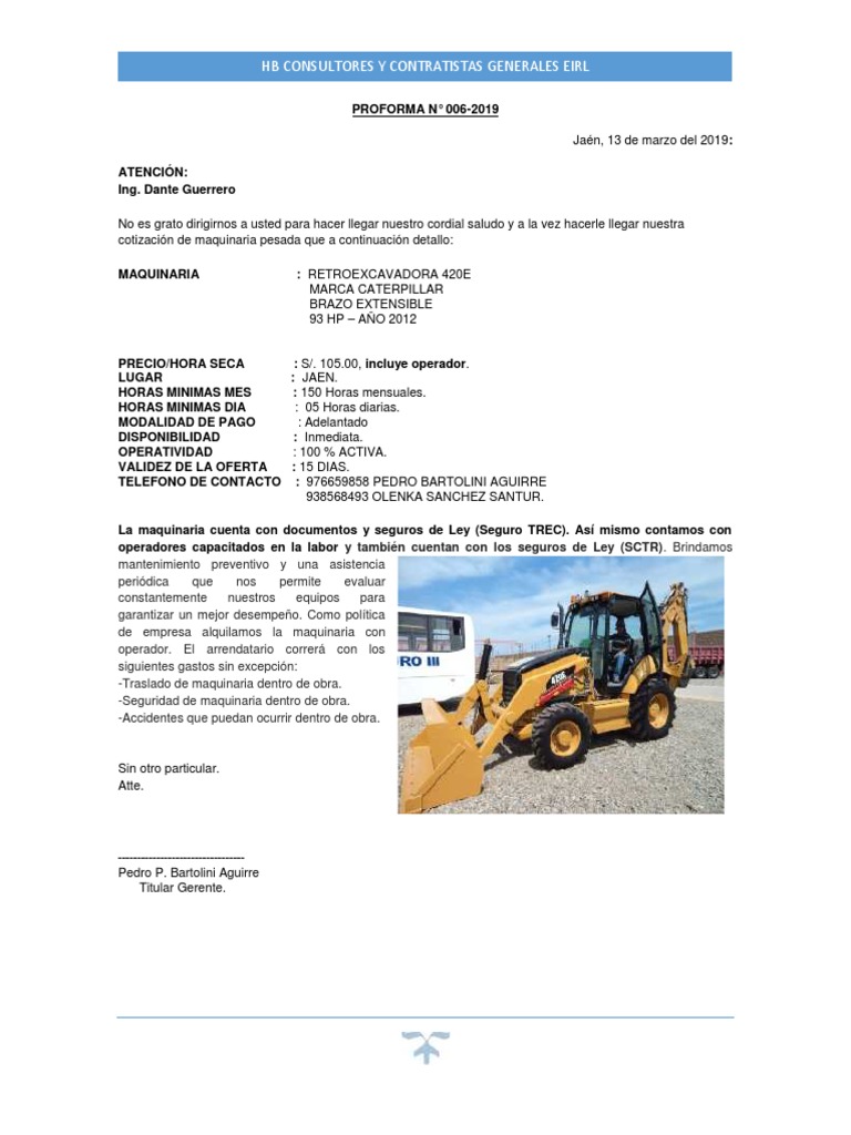 Cotización de alquiler de retroexcavadora para obra en Jaén | PDF ...