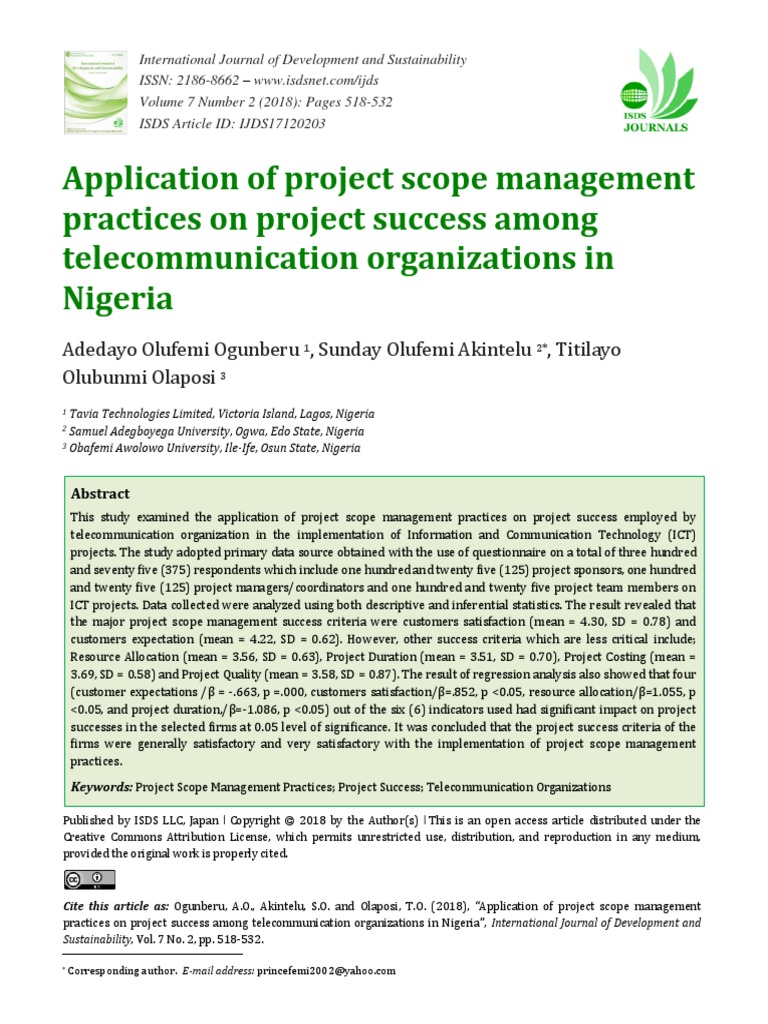 Application of Project Scope Management Practices On Project Success ...