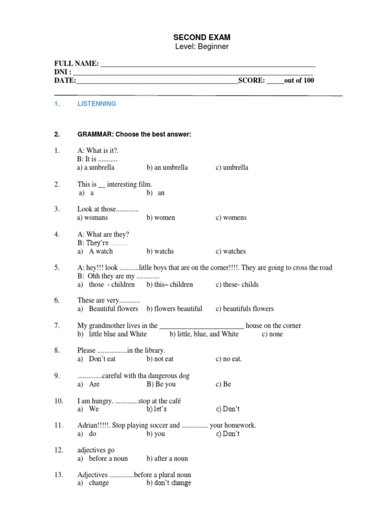 Beginner Level English Exam Template | PDF