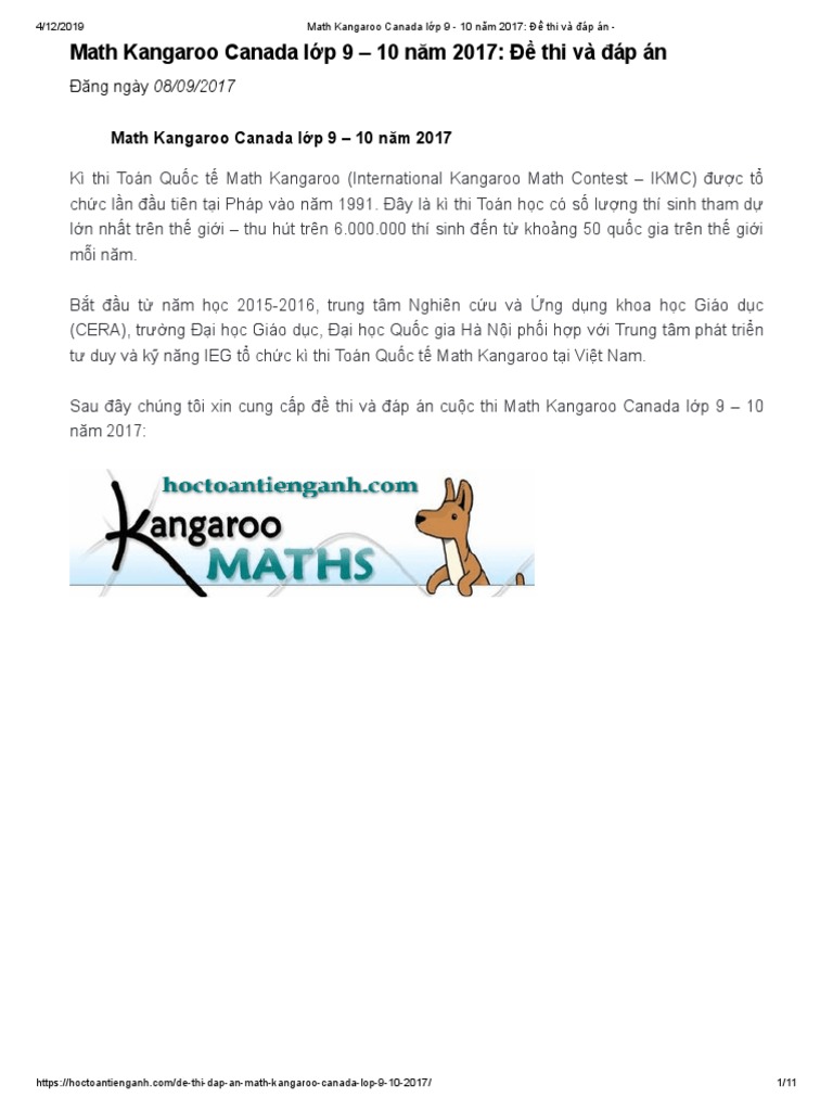 Math Kangaroo Canada Lớp 9 10 Năm 2017 Đề Thi Và Đáp Án PDF