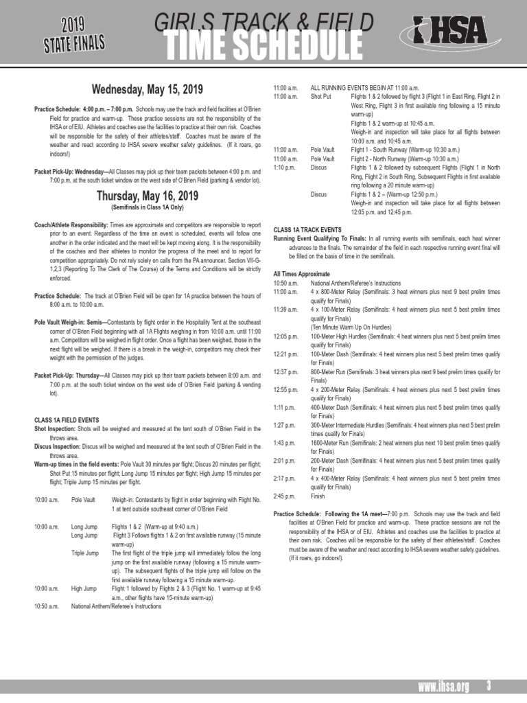 IHSA Girls State Meet Time Schedule Track And Field Athletic Sports