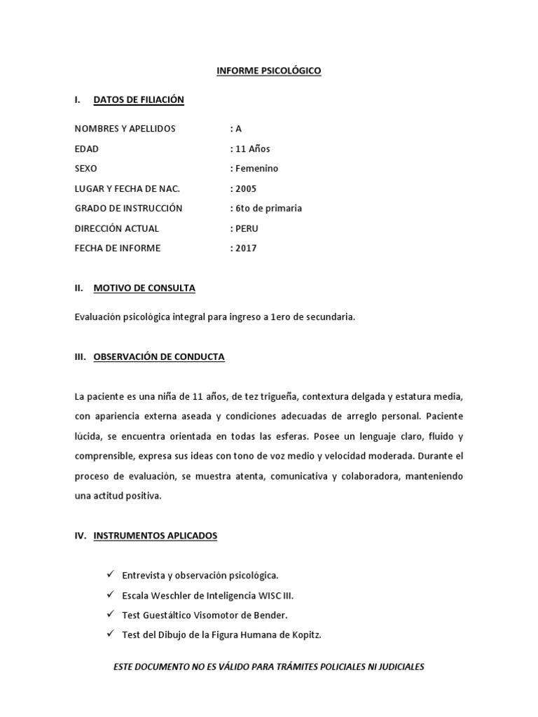 Informe Psicológico Infantil de 11 Años | PDF | Cociente de ...