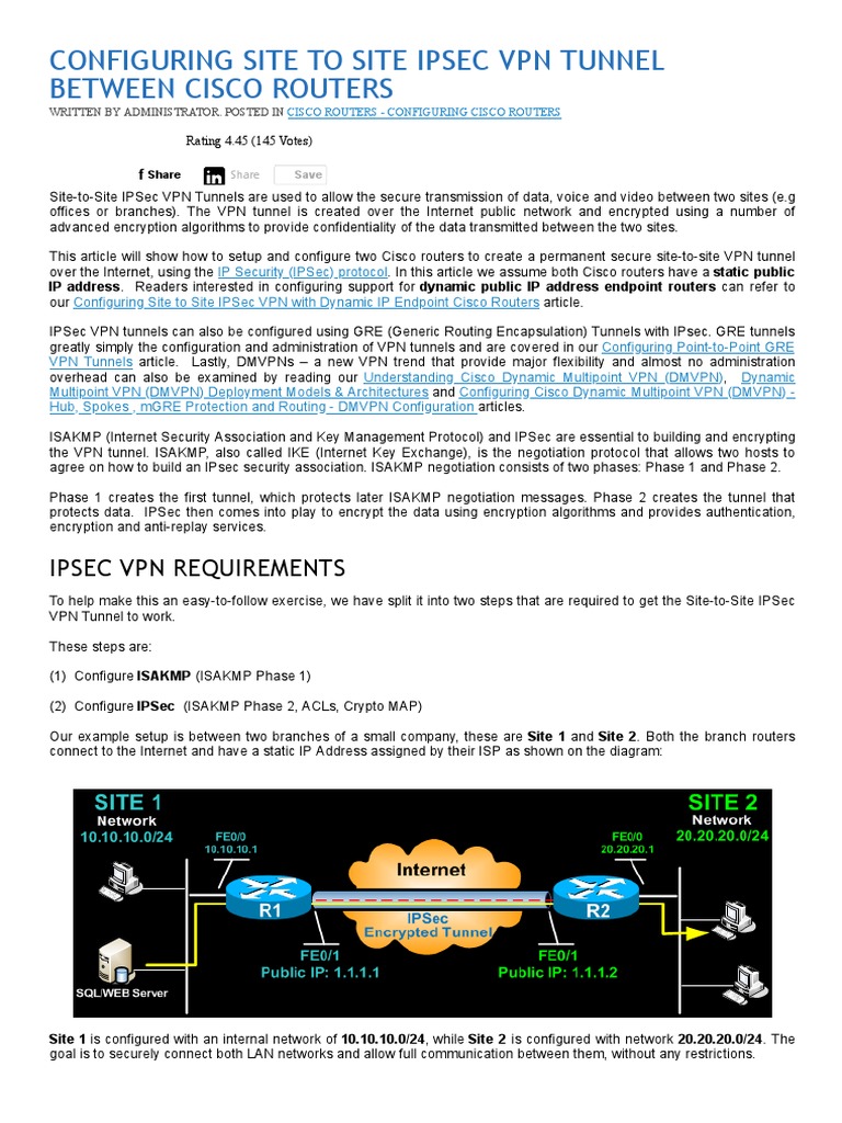 Configuring Site To Site IPSec VPN Tunnel Between Cisco Routers PDF
