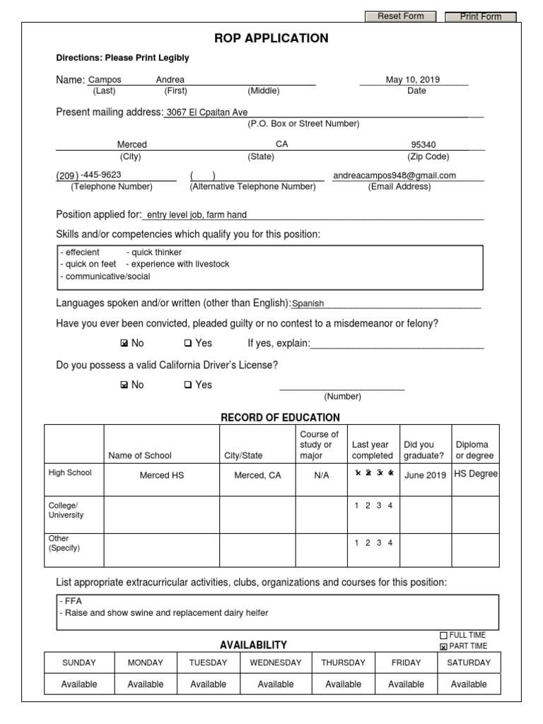 ROP Job Application Form Template | PDF