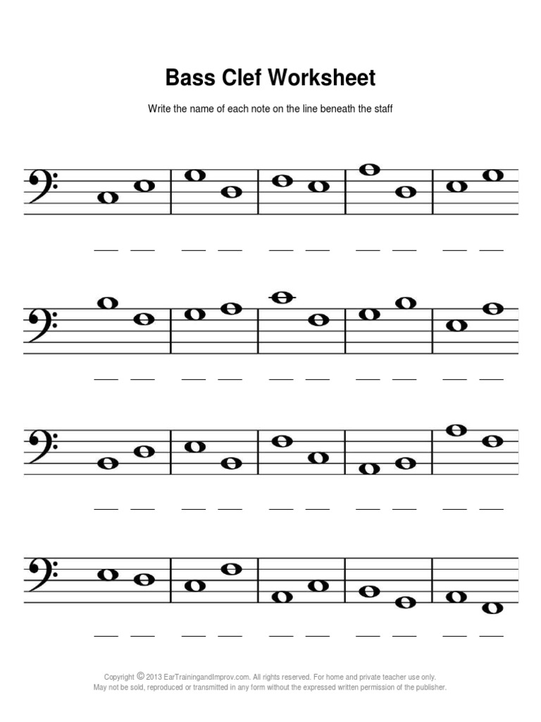 Bass Clef Worksheet: Write The Name of Each Note On The Line Beneath