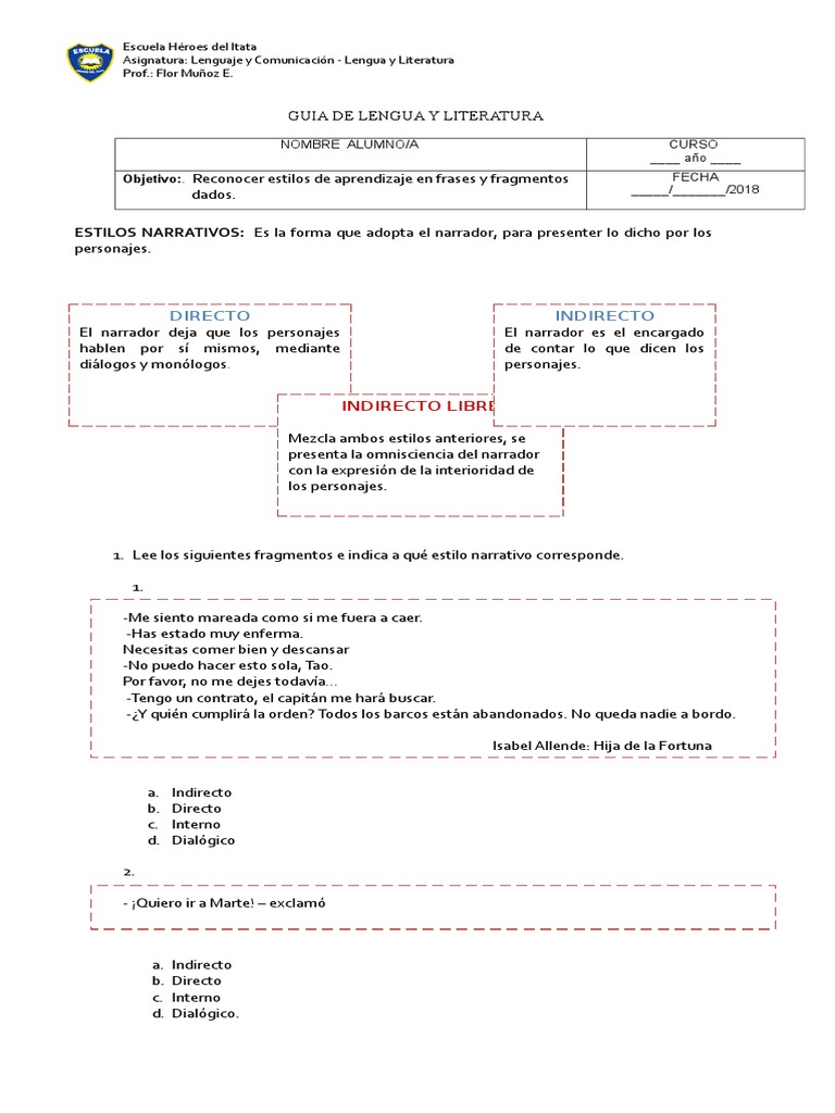 Ejercicios Para Practicar El Estilo Directo e Indirecto Narración