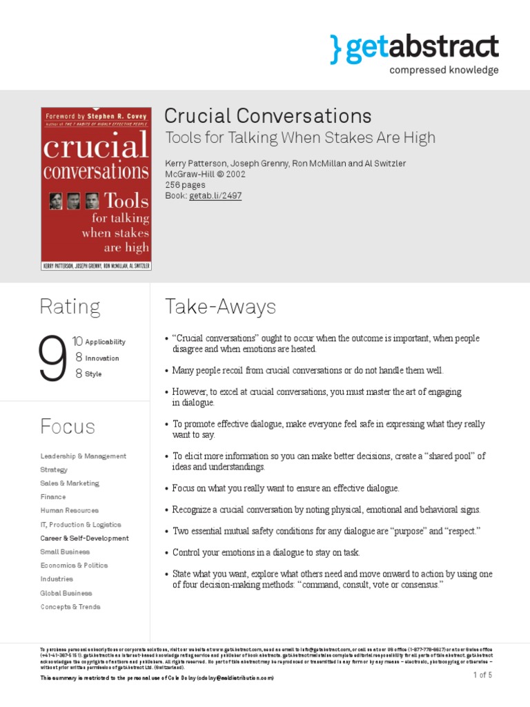 Book Summary - Crucial Conversations (Kerry Patterson)