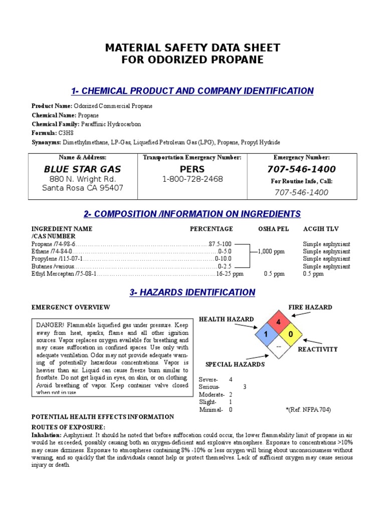Material Safety Data Sheet For Odorized Propane 1Chemical Product and Company Identification