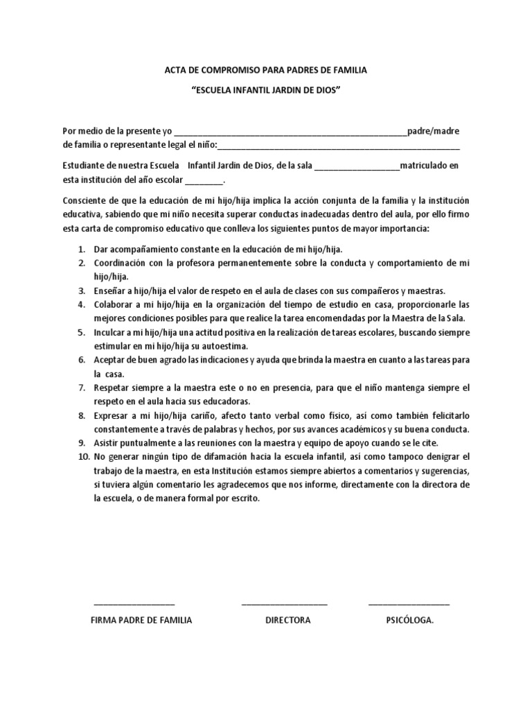 Acta de Compromiso para Padres de Familia | PDF | Comportamiento ...