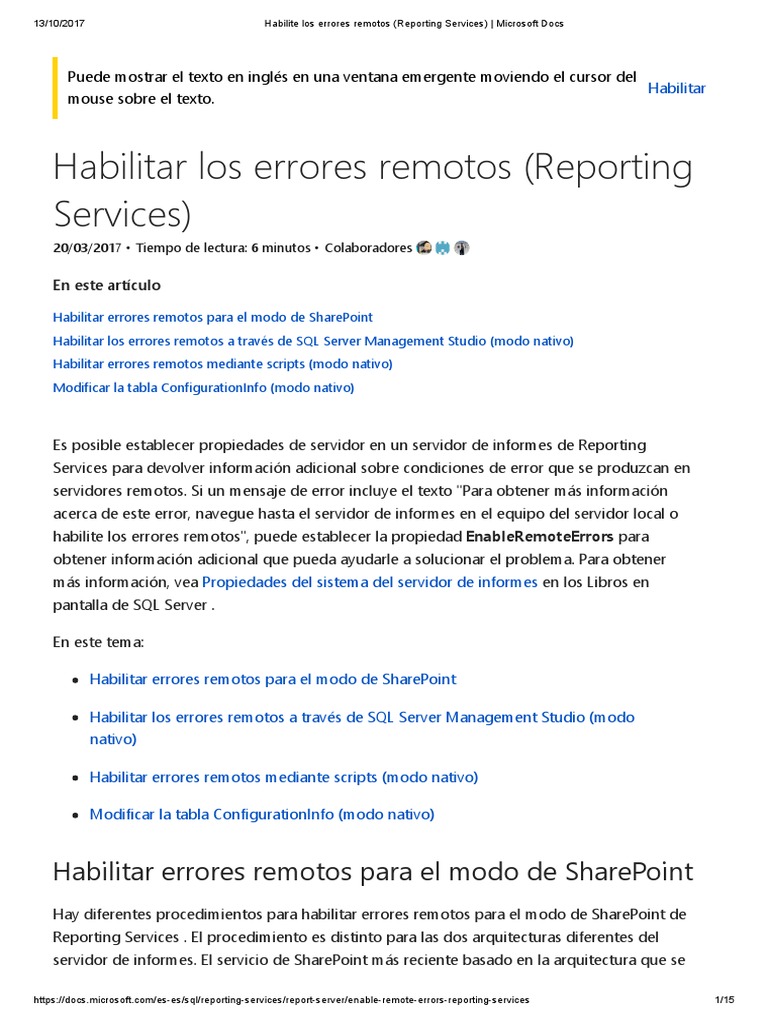 Habilitar errores remotos en Reporting Services | PDF | Servidor SQL de ...