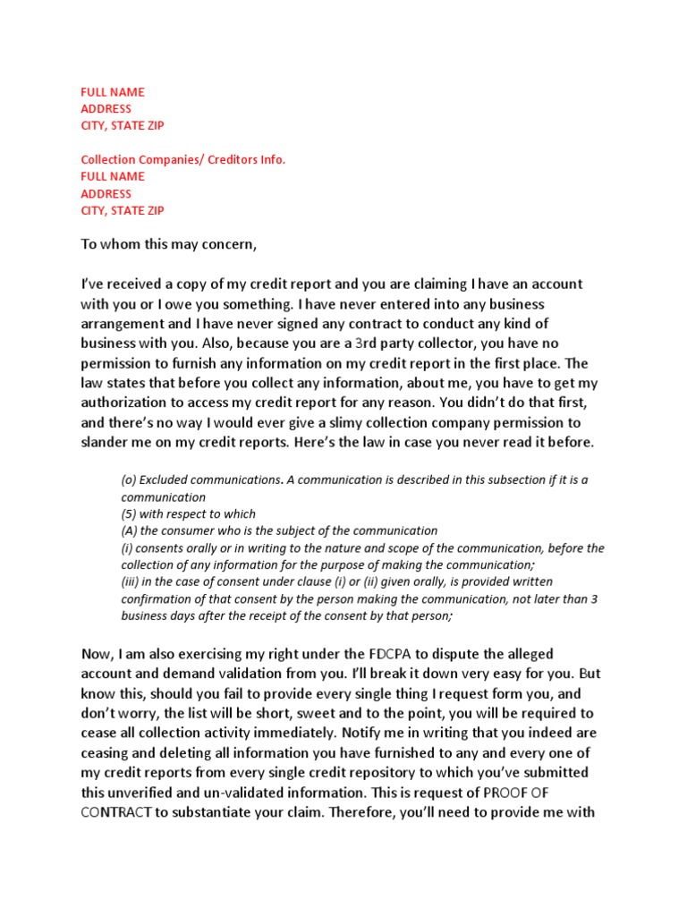 Dispute Letter Aggressive Credit Repair Letters Validation Letter
