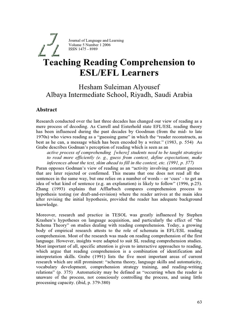 Teaching Reading Comprehension To ESL/EFL Learners | PDF | Reading ...
