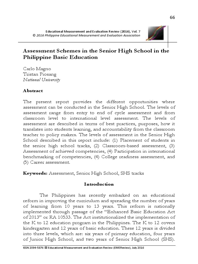 Assessment Schemes In The Senior High School In The Philippine Basic
