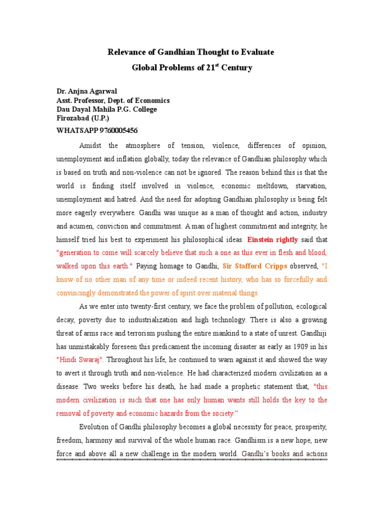 Relevance of Gandhian Thought To Evaluate Global Problems of 21 Century ...