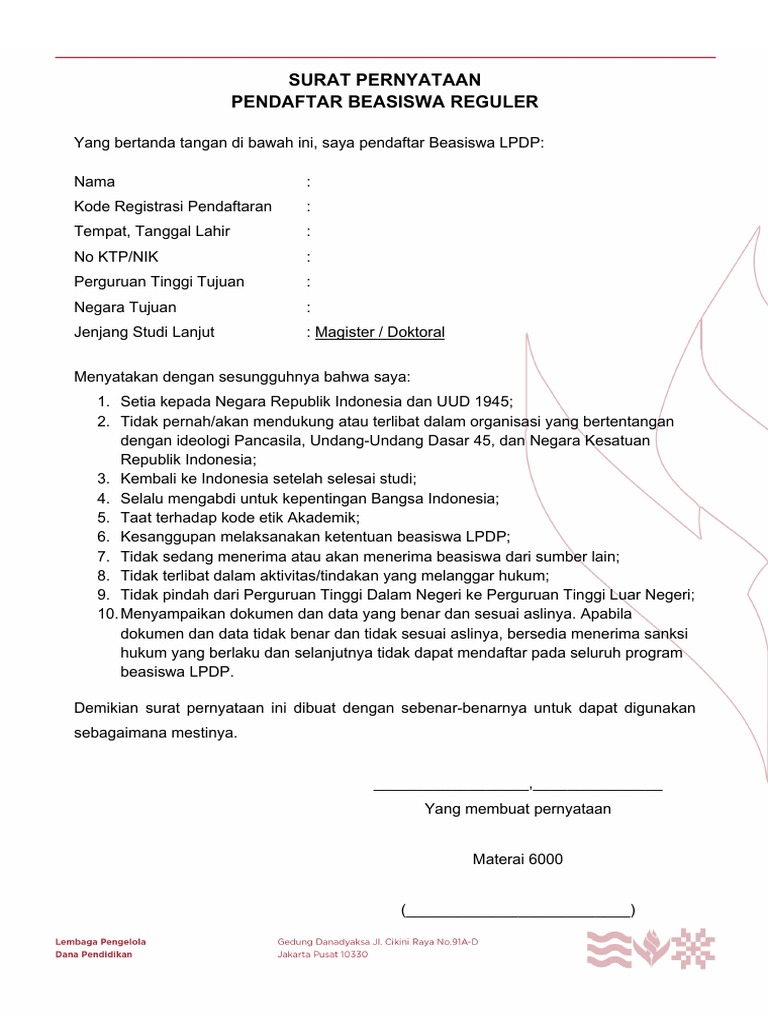 Surat Pernyataan Beasiswa Reguler Tahun 2019