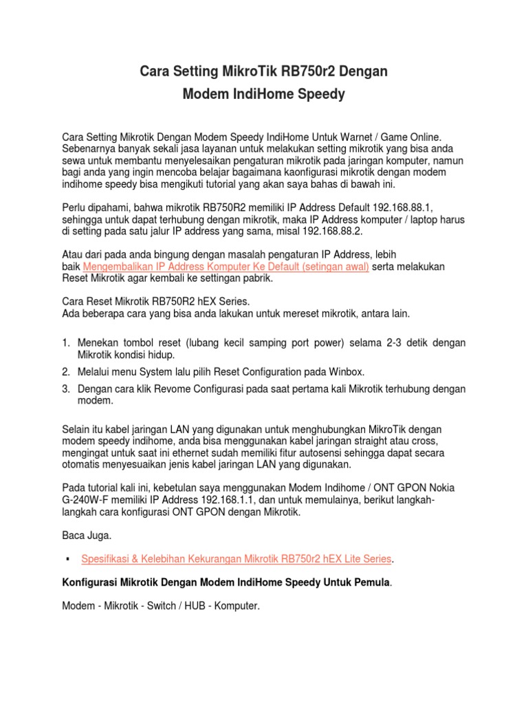 Setting MikroTik RB750R2 dengan IndiHome | PDF | Teknologi & Rekayasa