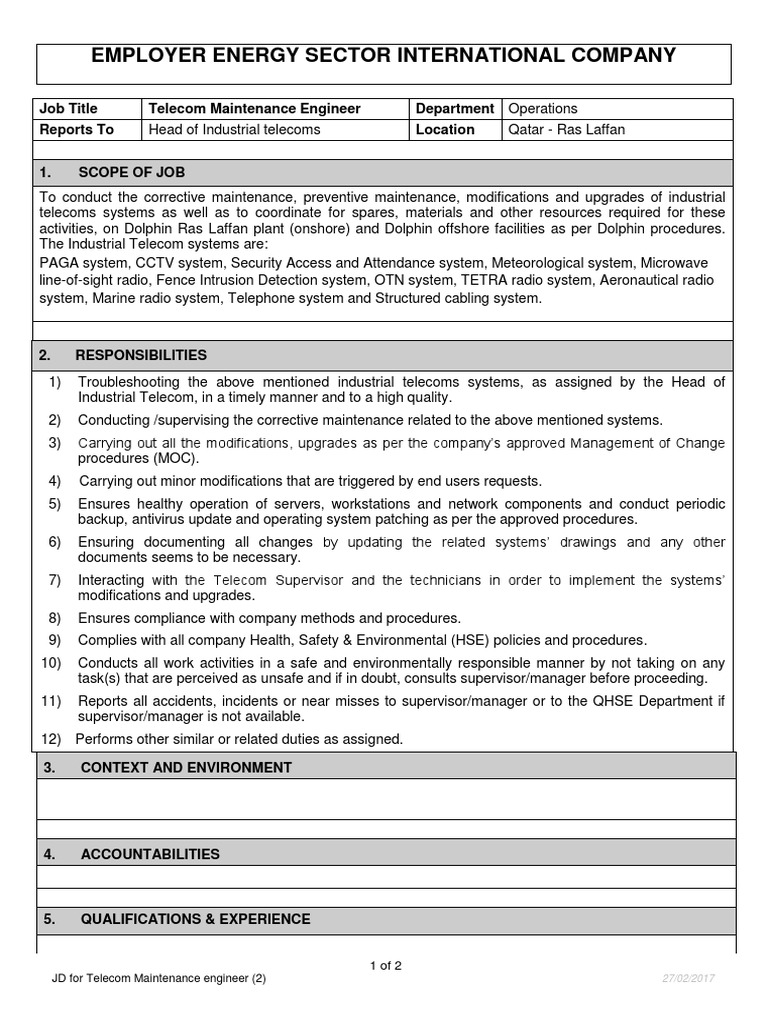 Telecom Maintenance Engineer Job Description | PDF | Telecommunication ...