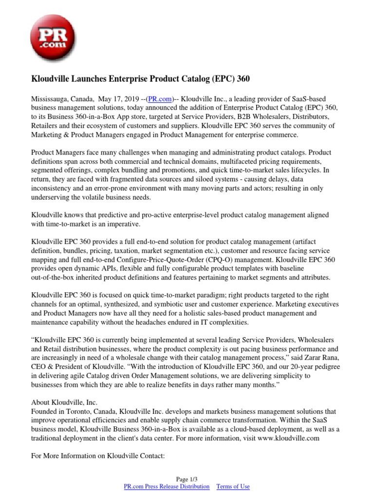 Kloudville Launches Enterprise Product Catalog Epc 360 Pdf Retail Cloud Computing