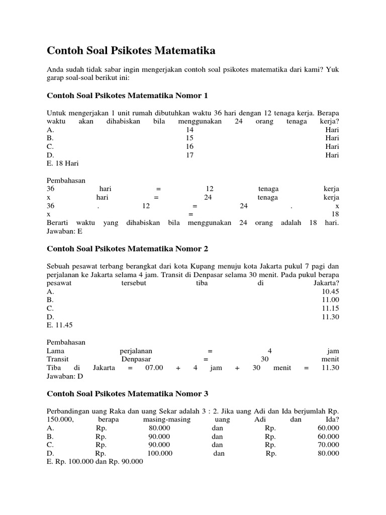 Contoh Soal Psikotes Matematika Jawabannya