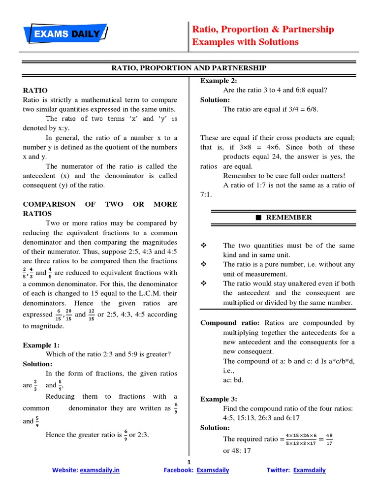 Ratio, Proportion, and Partnership Guide | PDF | Ratio | Fraction ...