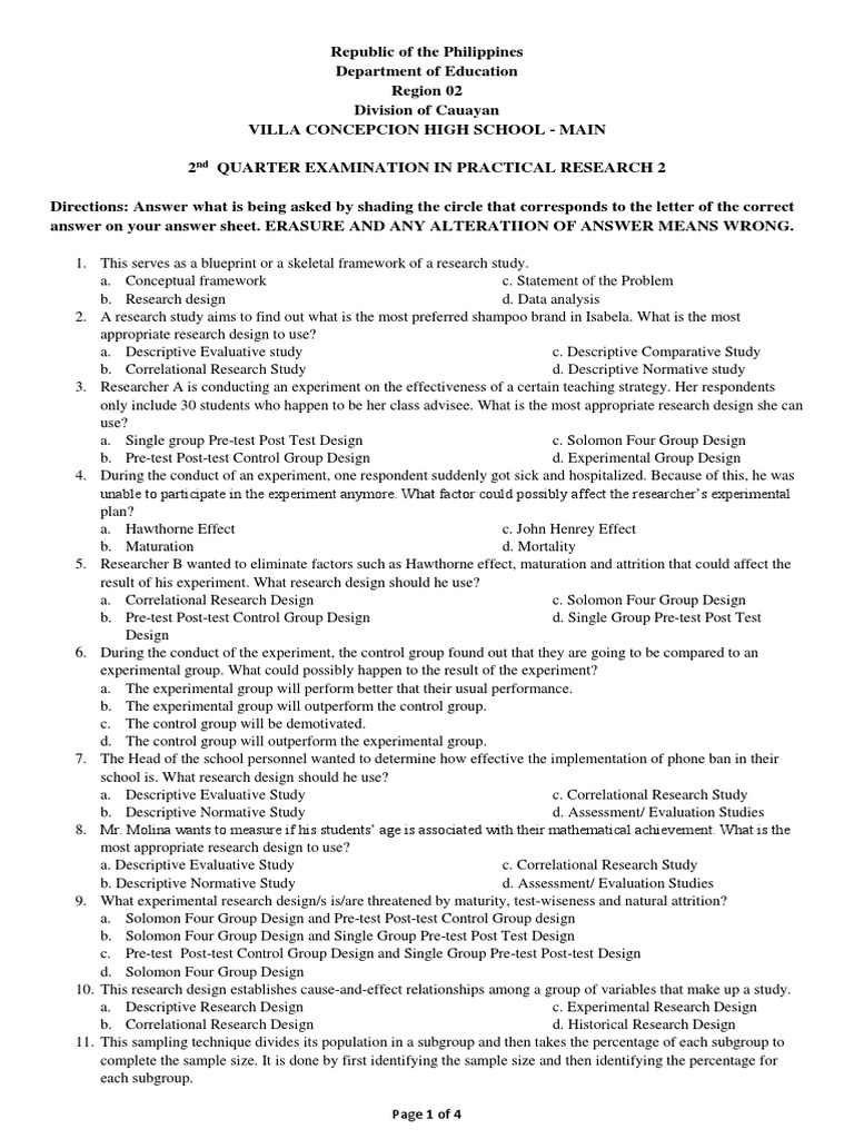 2nd Quarter Examination In Practical Research 2 Pdf Sampling
