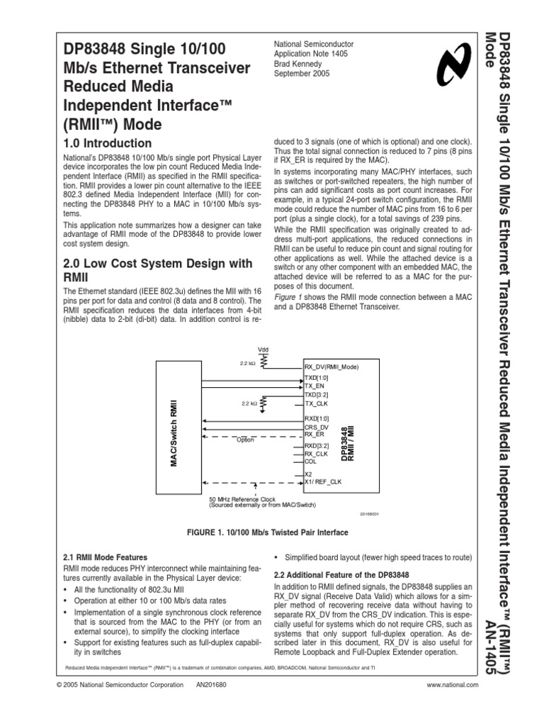 DP83848 Single 10/100 Mb/s Ethernet Transceiver Reduced Media ...