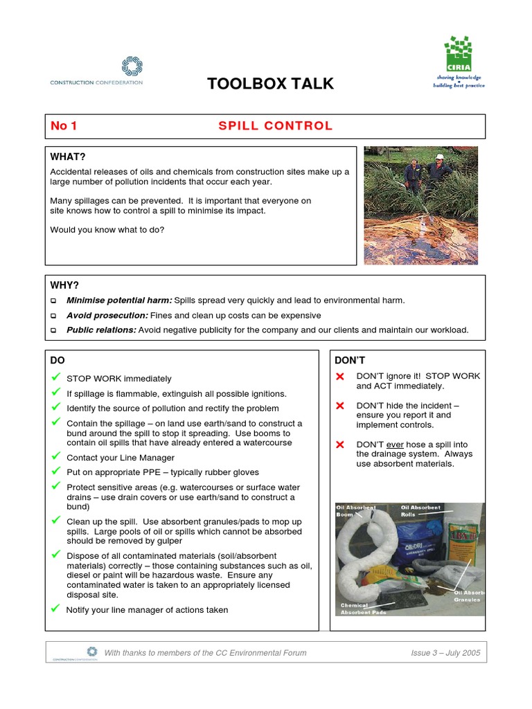 Toolbox Talk No1 Spill Control PDF Sanitary Sewer Waste