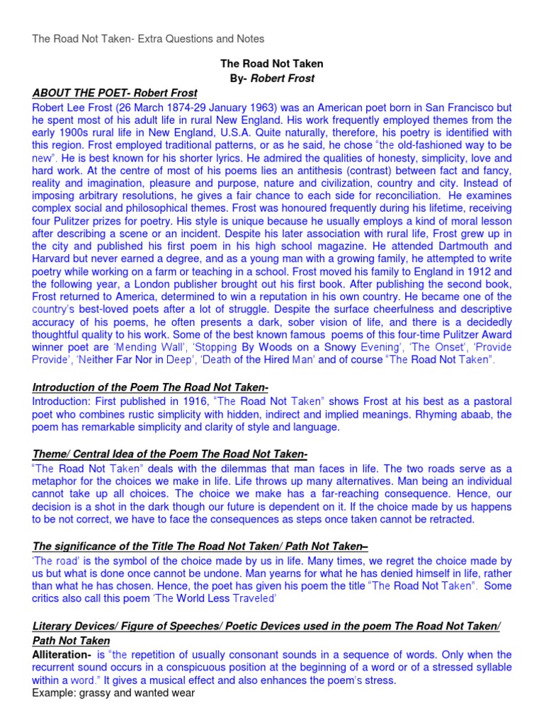 The Road Not Taken Notes Poetry